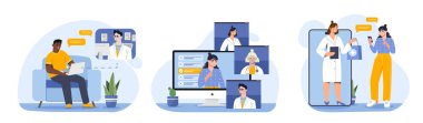 Online danışma ayarlandı. Müşteriler ve müşteriler için teknik destek. Teletıp kullanan kadın ve erkek. Sağlık ve tedavi. Çizgi film düz vektör koleksiyonu beyaz arkaplanda izole edildi