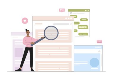 İnternette arama konsepti olan bir kadın. Web sitesi ve web sayfasının yanında büyüteç takan genç bir kız. İnternetteki bilgiler. Çizgi film düz vektör çizimi beyaz arkaplanda izole edildi
