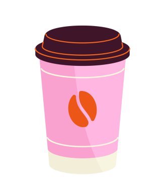 Yemek konsepti paketi. Renkli kap, pembe bardak. Fast food ve paket yemek. Kahve dükkanı ya da kafe kupası. Çizgi film düz vektör çizimi beyaz arkaplanda izole edildi