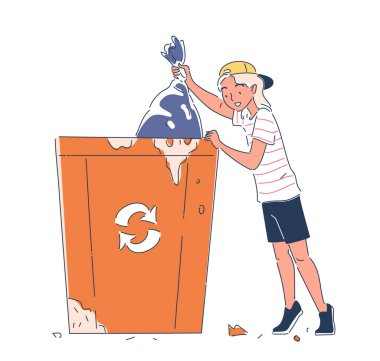 Çöpleri temizleyen kişi. Ekolojiye, doğaya, ekosisteme önem ver. Turuncu çöp tenekesinin yanında çöp torbası olan kız. Çizgi film düz vektör çizimi beyaz arkaplanda izole edildi