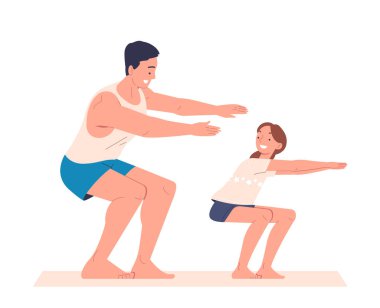 Aile eğitimi karalama. Baba ve kız eğitimi. Aktif yaşam tarzı, fitness ve spor. Web sitesi için grafik ögesi. Çizgi film düz vektör çizimi beyaz arkaplanda izole edildi