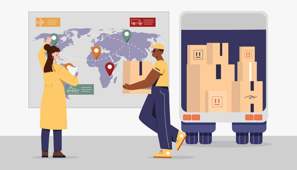 Концепция работников логистики. Женщина и мужчина с картонными коробками на складе. Транспортировка товаров и продуктов. Глобализация и международный бизнес. Мультфильм с плоским вектором