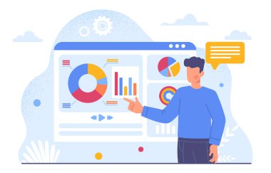 İş sunumu yapan adam. Genç adam grafikler, şemalar, çizelgeler gösteriyor. Bilgi grafikleri ve istatistikler, veri görselleştirmesi. Analist pazarlama araştırması yürütüyor. Çizgi film düz vektör çizimi