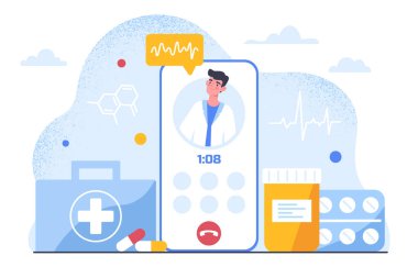 Uzaktan tedavi konsepti. Doktorla akıllı telefon, teletıp. İlaç ve hap almış, ilk yardım çantalı genç bir adam. Teşhis ve sağlık hizmetleri. Çizgi film düz vektör çizimi