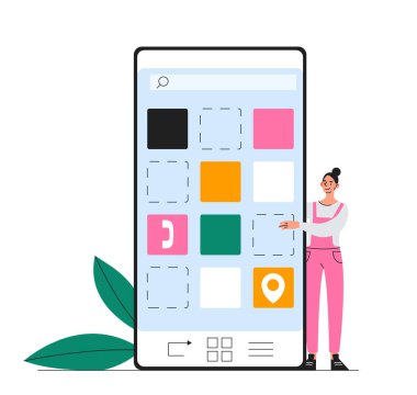 Program yönetimi konsepti. Planlama ve programlama. Zaman yönetimi ve etkin iş akışı. Akıllı telefonlu bir kadın. Çizgi film düz vektör çizimi beyaz arkaplanda izole edildi