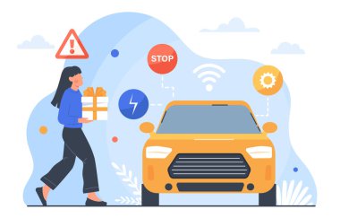 Kendi kendine giden araba konsepti. Ürünleri ve malları olan kadın otomobil ve araca gidiyor. Modern teknolojiler ve yenilikler. Şoförsüz sarı otomobil. Çizgi film düz vektör çizimi