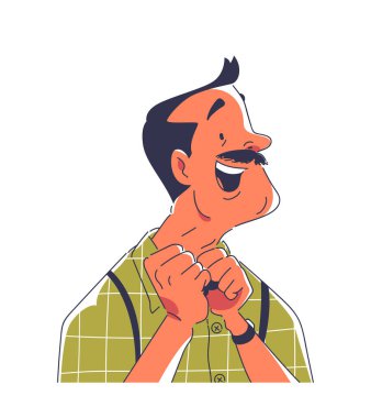 Gülümsemek karalama insanı etkiler. Yeşil gömlekli bıyıklı adam. Kuryeler ve sosyal ağlar için Avatar. Çizgi film düz vektör çizimi beyaz arkaplanda izole edildi