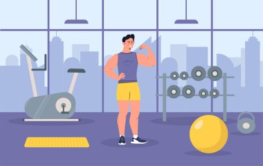 Spor salonundaki adam. Spor aletleri olan genç bir adam. Dambıllar ve sarı fitbol. Aktif yaşam tarzı ve eğitim, egzersiz. Sporcu ve sporcu, vücut geliştirici. Çizgi film düz vektör çizimi