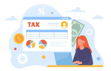 Vergi danışmanı konsepti. Bilgisayarı istatistik ve bilgi tablosunun yanında olan bir kadın. Grafikleri ve diyagramları olan genç bir kız. Finansal danışman ve muhasebeci. Çizgi film düz vektör çizimi