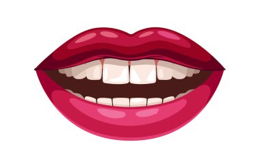 Kırmızı dudak konsepti. Güzellik, estetik ve zarafet. Makyaj ve cazibe. Seksi kadın ya da kız. Sosyal ağlar için etiket. Çizgi film düz vektör çizimi beyaz arkaplanda izole edildi