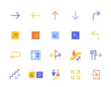 Yol yön renk simgeleri ayarlandı. Navigasyon için oklar, sağ, sol, çıkış işaretleri. Baskı için basit tasarım elemanları. Kavşak ve merdiven. Düz vektör koleksiyonu beyaz arkaplanda izole edildi