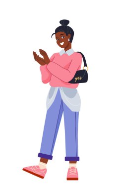 El çırpan insan. Gülümseyen Afrikalı Amerikalı kadın ayakta alkışlıyor. Takdir, destek ve tebriklerin ifadesi. Çizgi film düz vektör çizimi beyaz arkaplanda izole edildi