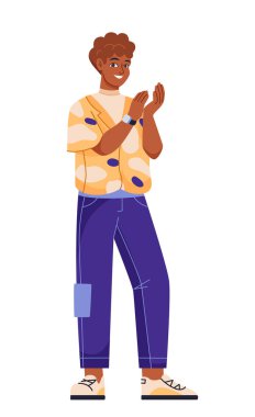 El çırpan insan. Ayakta duran ve tezahürat yapan şık mutlu adam. Destek, takdir ve kutlama için alkış ve alkış. Çizgi film düz vektör çizimi beyaz arkaplanda izole edildi