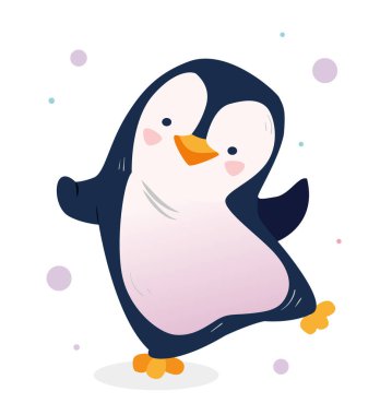 Sevimli bebek hayvan. Sevimli kutup pengueni. Selamlama ve davetiye kartpostal tasarımı. Kutup kuşu. Vahşi hayat ve fauna. Çizgi film düz vektör çizimi beyaz arkaplanda izole edildi