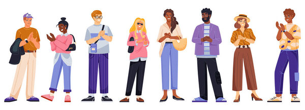 Set of applauding people. Joyful men and women clapping with hands, cheering and celebrating. Characters support and express appreciation. Cartoon flat vector collection isolated on white background