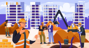 İnşaat süreci. Üniformalı erkek inşaatçılar ve arazi mühendisleri inşaat malzemeleri ve makinelerle evler inşa ediyorlar. Kentsel yapının yaratılışı. Çizgi film düz vektör çizimi