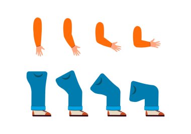 Animasyon için karakter oluşturucu seti. Dizleri ve dirsekleri bükülmüş küçük bir çocuğun bacakları ve kolları. Farklı hareket anlarında uzuvlar. Beyaz arkaplanda izole edilmiş çizgi film düz vektör çizimleri