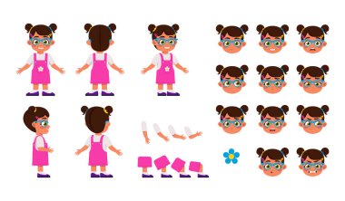 Animasyon için karakter oluşturucu seti. Pembe elbiseli şirin anaokulu kızı. Vücut parçaları ve yüz ifadeleri. Çocuk farklı pozlarda. Arkaplanda izole edilmiş çizgi film düz vektör çizimleri