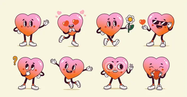 Set of retro groovy heart characters. Trendy hippie emoji with different emotions. Romantic love mascot stickers for valentine day. Cartoon flat vector illustrations isolated on beige background