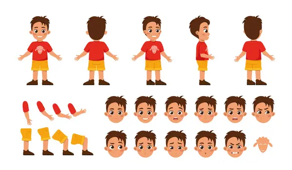 动画角色构造函数集 快乐的学龄前男孩穿着休闲装 不同姿势的身体部位 面部表情 在白色背景上孤立的卡通平面矢量插图 — 图库矢量图片