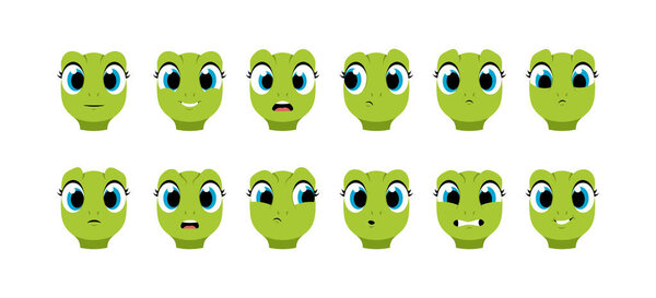 Set of Character Constructor for Animation. Face of cute turtle expressing various emotions. Happy, joyful, angry, sad animal avatar. Cartoon flat vector illustrations isolated on white background
