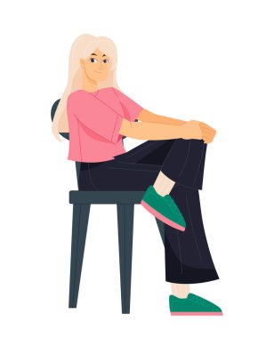 Oturan genç kişi. Rahat koltukta oturan kendinden emin mutlu kadın. Taburedeki gülümseyen karakterin portresi. Vücut duruşu. Çizgi film düz vektör çizimi beyaz arkaplanda izole edildi