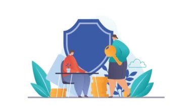 UX, UI ve yazılım geliştiricileri video konsepti. Hareketli erkek programcı veritabanlarını korumak için kod yaratır. Kodlama ve mühendislik. Siber güvenlik için modern teknolojiler. Düz grafik çizgi film