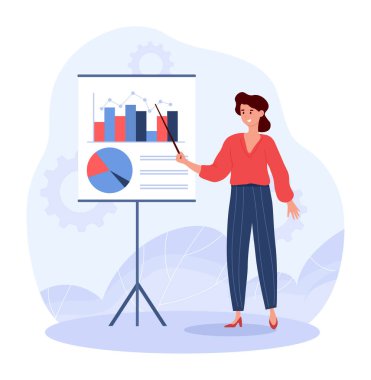 Kadın sunumu. Toplum önünde konuşma yapan analist, istatistik, grafik ve grafiklerle çalışıyor. Konuşmacı ya da konuşmacı. Beyin fırtınası ve şirket toplantısı, yıllık rapor. Çizgi film düz vektör çizimi