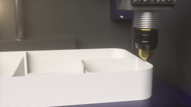 3D打印机在制造过程中 现代技术和工作流程自动化 数控机床移动的机械臂创造物体 3D渲染动画图形 — 图库视频影像