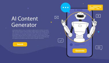 Al Content jenerasyon konsepti. Yapay zeka ve makine öğrenimi. Chatbot akıllı telefon ekranında. İniş sayfası tasarımı. Modern teknolojiler ve yenilikler. Çizgi film düz vektör çizimi