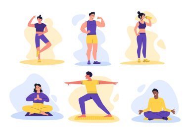 Spor seti seçimi. Erkek ve kadın fiziksel egzersiz yapıyorlar. Güçlü erkekler ve esnek kızlar. Egzersiz, yoga, vücut geliştirme. Çizgi film düz vektör koleksiyonu beyaz arkaplanda izole edildi