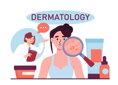 Dermatolog konsepti. Yüz ve cilt bakımı. Tıbbi tedaviler ve spa prosedürleri. Sivilcelere karşı krem ve losyon. Çizgi film düz vektör çizimi beyaz arkaplanda izole edildi