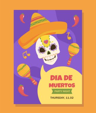 Dia de Muertos parti posteri. Marakasalar ve sombrero renkli kafatası. Ölüm günü. Geleneksel Meksika bayramı ve festivali. Çizgi film düz vektör çizimi turuncu arkaplanda izole edildi