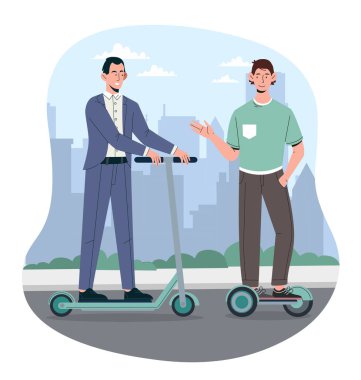 Arkadaşlar scooter kullanır. Elektrikli taşımacıdaki iş adamı ve adam. Çevre dostu nakliye aracı. Doğayı ve çevreyi önemse. Çizgi film düz vektör çizimi beyaz arkaplanda izole edildi