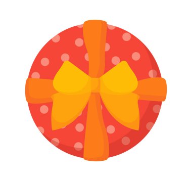 Paket kağıdında hediye kutusu. Sarı kurdeleli kırmızı sürpriz. Bayram ve festival hediyesi. Noel ve doğum günü. Sosyal medya etiketi. Çizgi film düz vektör çizimi beyaz arkaplanda izole edildi