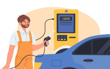 Adam araba konseptini dolduruyor. Benzinle taşınmak için yakıt. Benzin istasyonunda üniformalı bir işçi. Seyahat ve seyahat. Poster ya da afiş. Çizgi film düz vektör çizimi beyaz arkaplanda izole edildi