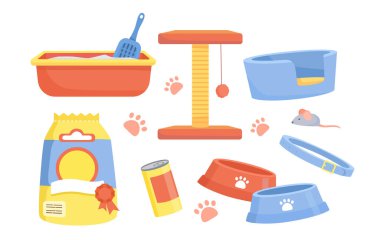 Kedi seti için eşyalar. Kazı kazan, tuvalet, kedi yavruları için yiyecek, tasma. Kırmızı ve mavi kâse. Evcil hayvan dükkânı malları. Çizgi film düz vektör koleksiyonu beyaz arkaplanda izole edildi