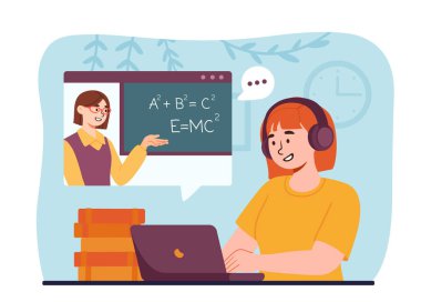 Çevrimiçi ders kavramı. Dizüstü bilgisayarlı kulaklıklı bir kadın öğretmenden ders dinliyor. Giyin ve konferans ver. Eğitim ve öğrenme. Çizgi film düz vektör çizimi beyaz arkaplanda izole edildi