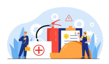 OSHA kavramı. İş Güvenliği ve Sağlık İdaresi. Koruyucu üniformalı, ilkyardım çantalı ve yönetmelikli adamlar. Güvenlik kurallarıyla ilgili belgeler. Çizgi film düz vektör çizimi