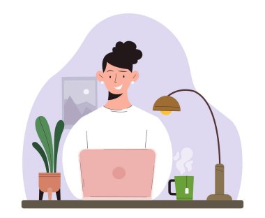 Farklı meslekten biri. Pembe dizüstü bilgisayarla serbest çalışan bir kadın. Çevrimiçi kazancı olan uzaktan çalışan. Poster ya da afiş. Çizgi film düz vektör çizimi beyaz arkaplanda izole edildi