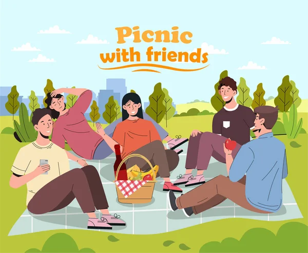 Friends on picnic. Man and woman sitting at blanket near basket with food. Active lifestyle and healthy eating. Young guys and girls eat fruits and drink wine. Cartoon flat vector illustration