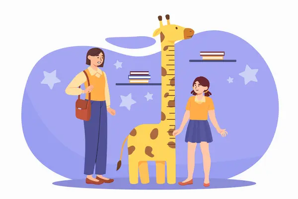 Boyu Uzun Bir Çocuk Zürafanın Yanında Santimetre Boyunda Bir Kadınla — Stok Vektör