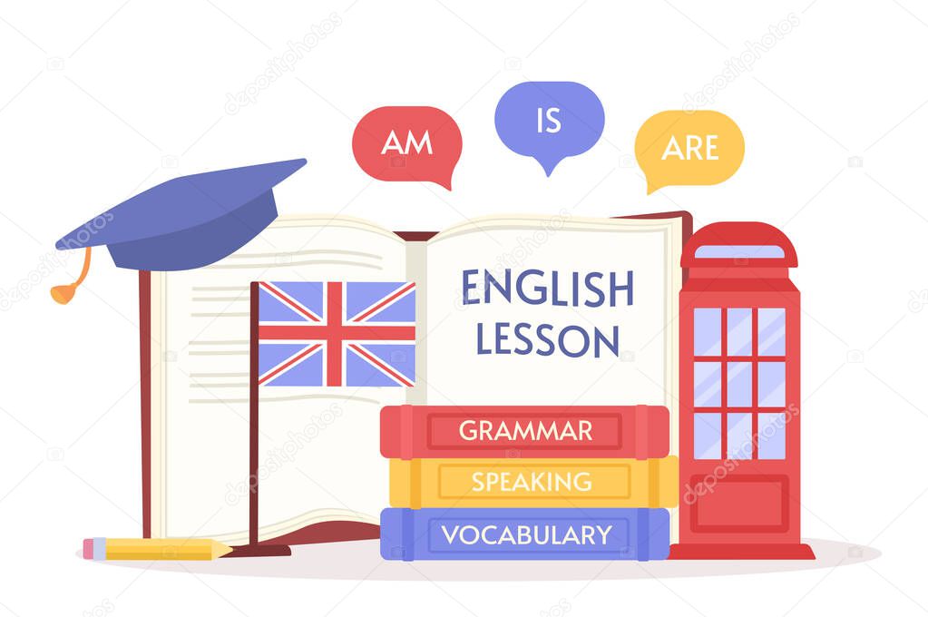 Learning English set. Colorful books and graduation hat with british flag. Education and training. International language studying. Cartoon flat vector illustration isolated on white background