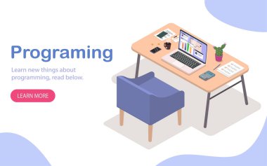 İniş sayfası tasarımı programlanıyor. IT uzmanı ve programcı için çalış. Laptop masada. Kodlama ve uygulama veya web sitesi geliştirme. Karikatür izometrik vektör çizimi