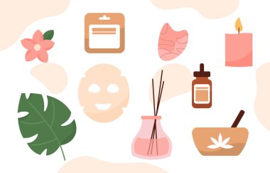 Spa prosedürü ögeleri ayarlandı. Renkli mumlar ve aroma çubuklarıyla yüz maskesi. Dinlen ve rahatla, iyi ol. Cilt ve yüz bakımı. Çizgi film düz vektör koleksiyonu pastel arkaplanda izole edildi