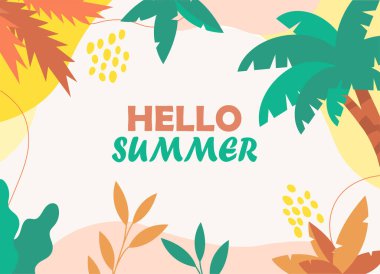 Merhaba yaz posteri. Pastel arka planda yaprakları olan avuçlar. Metin ve sunum için yer. Tropikal ve egzotik bitkiler. Tatil ve festival, etkinlik. Çizgi film düz vektör çizimi