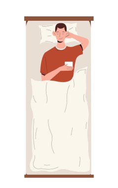 Üst tarafta uyuyan kişi. Yatakta kırmızı kazaklı bir adam var. Geceleri dinlen ve rahatla. İyileşme ve rüya. Sosyal medya etiketi. Çizgi film düz vektör çizimi beyaz arkaplanda izole edildi