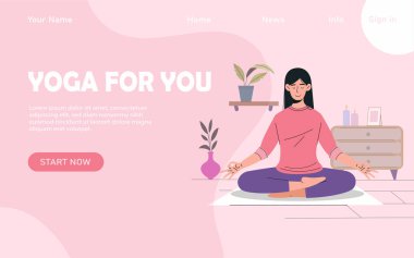 Senin için yoga sayfası. Lotus pozisyonunda oturan kadın. İniş sayfası tasarımı. Aktif yaşam tarzı ve spor, esneme. Asana 'da genç bir kız apartmanın içinde. Çizgi film düz vektör çizimi