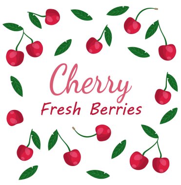 Kirazlı taze böğürtlen posteri. Doğal ve rganik sulu ürünler. Bitkilerle dolu. Yaz mevsimi lezzeti. Vejetaryen diyeti ve sağlıklı beslenme. Pankart ya da kapak. Çizgi film düz vektör çizimi