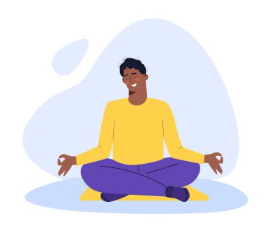 Sporcu insan konsepti. Aktif yaşam tarzı ve eğitim, egzersiz. Adam yoga yapıyor. Lotus pozisyonundaki genç adam. Şablon ve düzen. Çizgi film düz vektör çizimi beyaz arkaplanda izole edildi